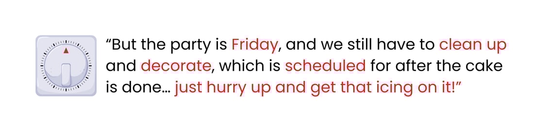 “But the party is Friday, and we still have to clean up  and decorate, which is scheduled for after the cake  is done… just hurry up and get that icing on it!” 